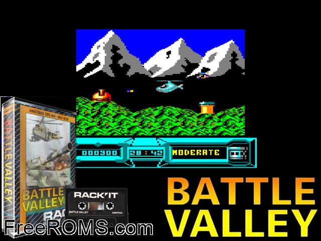 Battle Valley (UK) (1989) [h1] Amstrad CPC game showing 3D box cover and gameplay screenshot